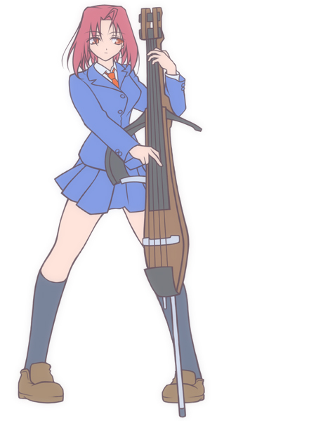 non-web source, blazer, double bass, electric double bass, instrument, jacket, necktie, red eyes, red hair, school uniform, short hair, skirt, solo