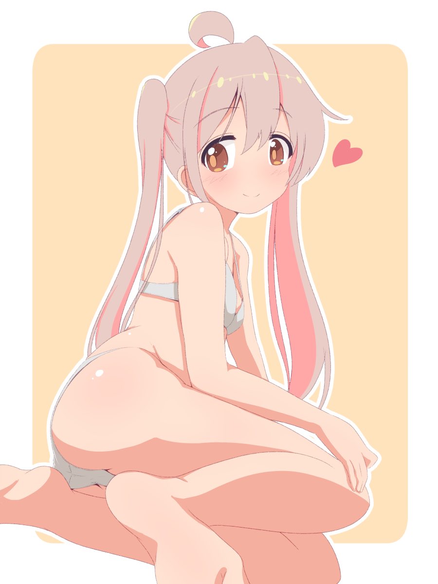 unkimo, oyama mahiro, onii-chan wa oshimai!, commentary, highres, 1girl, ahoge, ass, bare arms, bare legs, bare shoulders, barefoot, bra, breasts, brown eyes, feet, hair between eyes, heart, long hair, outline, panties, pink hair, simple background, sitting, small breasts, smile, soles, solo, twintails, underwear, underwear only, white bra, white outline, white panties, yellow background, yokozuwari