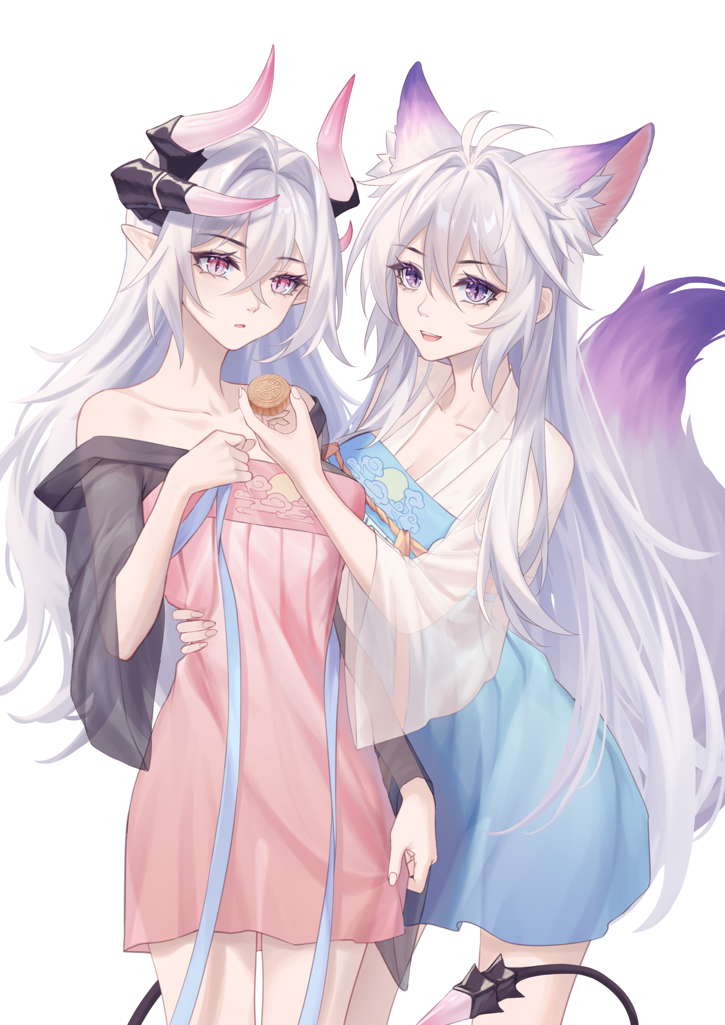 meng xi xuan, original, absurdres, commentary request, highres, revision, 2girls, animal ear fluff, animal ears, antenna hair, breasts, chinese clothes, collarbone, extra ears, food, fox ears, fox girl, fox tail, grey hair, hair intakes, hanfu, holding, holding food, horns, large tail, luo shun yao, multiple girls, pink hair, pointy ears, purple eyes, qixiong ruqun, simple background, tail, thigh gap, translucent, white hair
