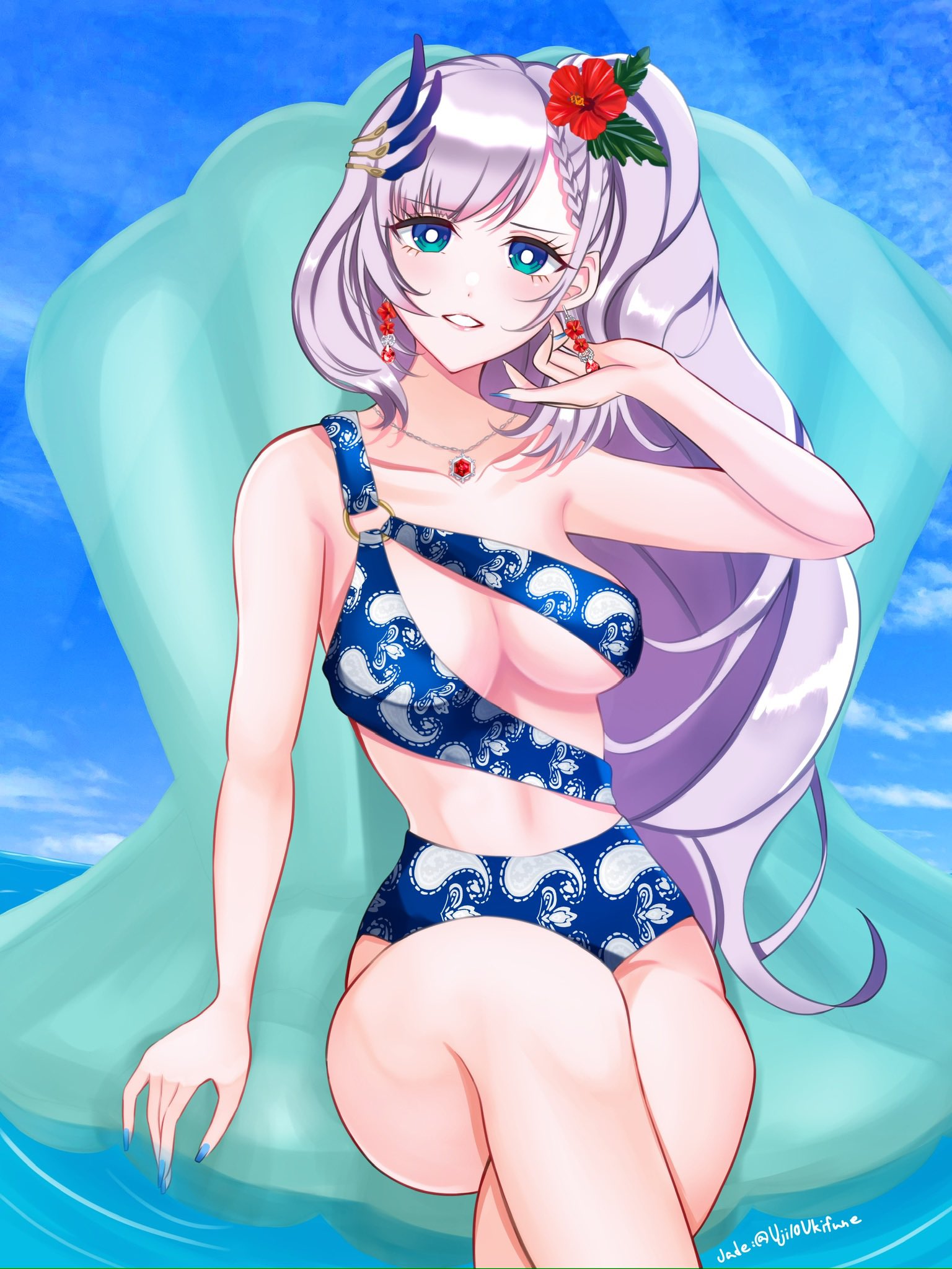 uji10ukifune, pavolia reine, hololive, hololive indonesia, highres, 1girl, bikini, blue bikini, blue eyes, breasts, cleavage, collarbone, crossed legs, flower, gem, hair flower, hair ornament, high ponytail, jewelry, large breasts, pendant, ponytail, purple hair, red flower, red gemstone, sitting, solo, swimsuit, virtual youtuber, water