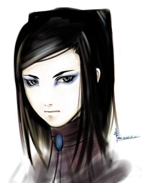 kometani hisanobu, re-l mayer, ergo proxy, 00s, 1girl, black hair, blue eyes, close-up, eyeshadow, female focus, makeup, solo