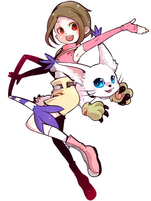tailmon, yagami hikari, digimon, digimon adventure, digimon adventure 02, 1girl, animal ears, animal hands, blue eyes, brown hair, cat, digimon (creature), fingerless gloves, full body, gloves, looking at viewer, open mouth, paw gloves, short hair, simple background, smile, tail