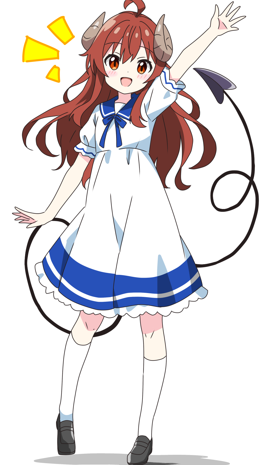 kotatsu-mazoku, yoshida yuuko, machikado mazoku, commentary request, highres, 1girl, :d, ahoge, arm up, black shoes, blue bow, blue bowtie, blue sailor collar, blush, bow, bowtie, brown eyes, brown horns, curled horns, demon girl, demon tail, dot nose, dress, frilled dress, frills, full body, horns, looking at viewer, notice lines, open mouth, outstretched arm, sailor collar, sailor dress, shoes, short sleeves, simple background, smile, socks, solo, standing, tail, white background, white dress, white socks