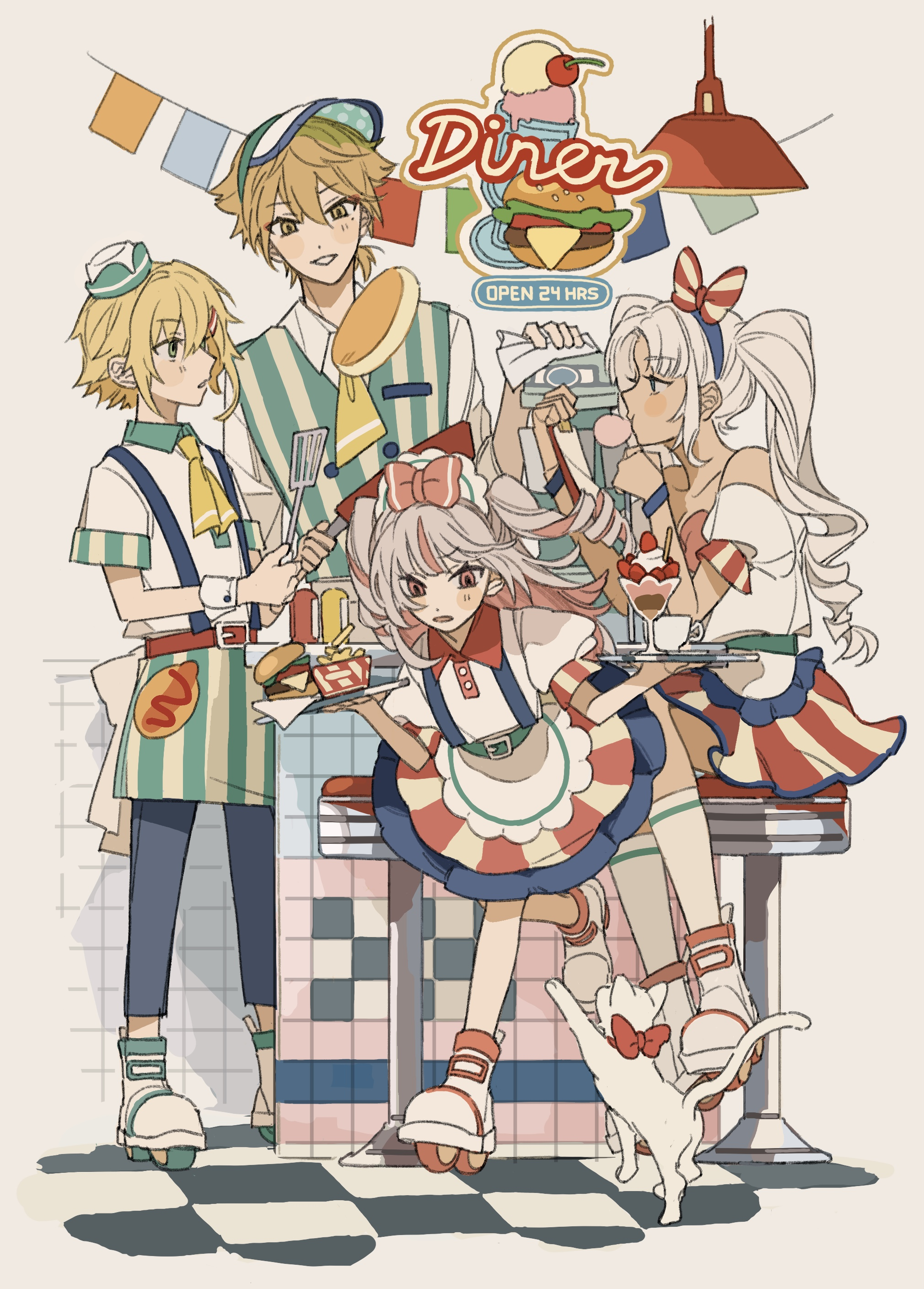 moku (kedr2558), fushimi gaku, makaino ririmu, uzuki kou, nijisanji, absurdres, highres, 2boys, 2girls, alternate costume, apron, blonde hair, bow hairband, brown hair, cat, collared shirt, colored inner hair, full body, hairband, hat, holding, holding tray, long hair, miniskirt, multicolored hair, multiple boys, multiple girls, pants, roller skates, shirt, short hair, short sleeves, skates, skirt, striped clothes, striped skirt, striped vest, tray, twintails, two side up, vest, virtual youtuber, visor cap, waist apron, white apron, white cat, white shirt