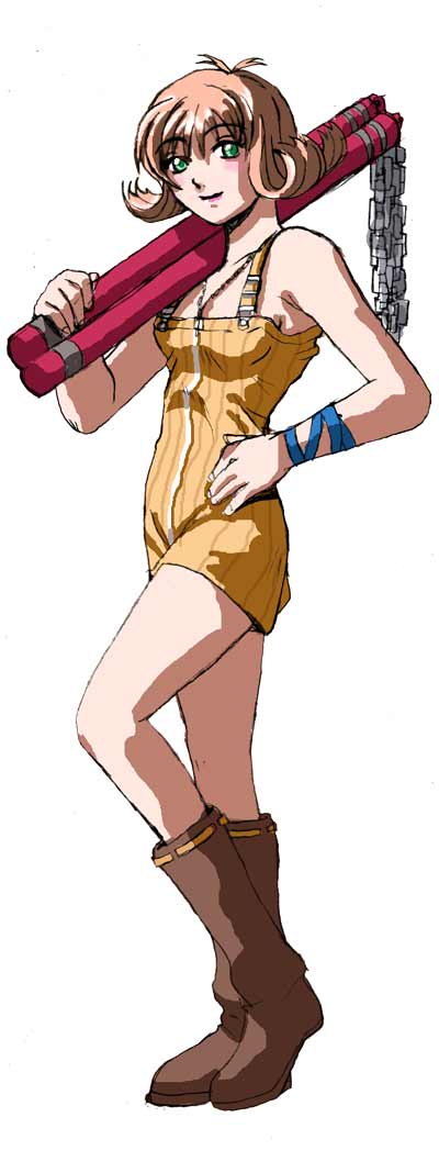 sigeo2000, selphie tilmitt, final fantasy, final fantasy viii, jpeg artifacts, 1990s (style), 1girl, boots, brown hair, dress, female focus, flipped hair, full body, overalls, retro artstyle, short hair, skirt, solo, standing, white background, yellow overalls, yellow skirt, zipper dress