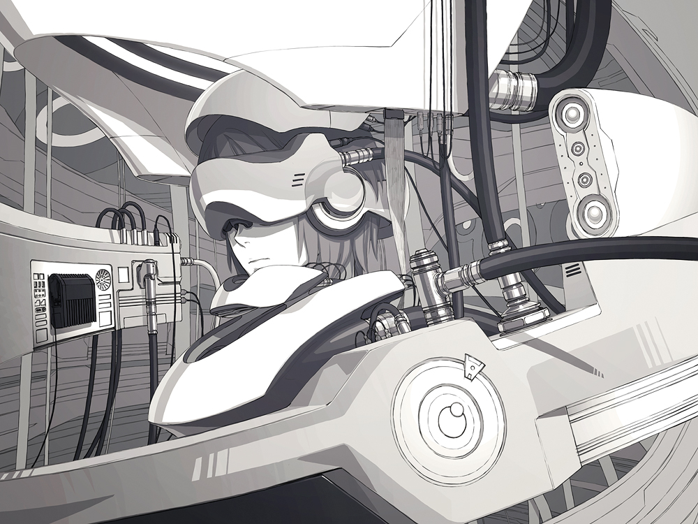 iwai ryou, original, cable, greyscale, head-mounted display, machine, monochrome, science fiction, solo