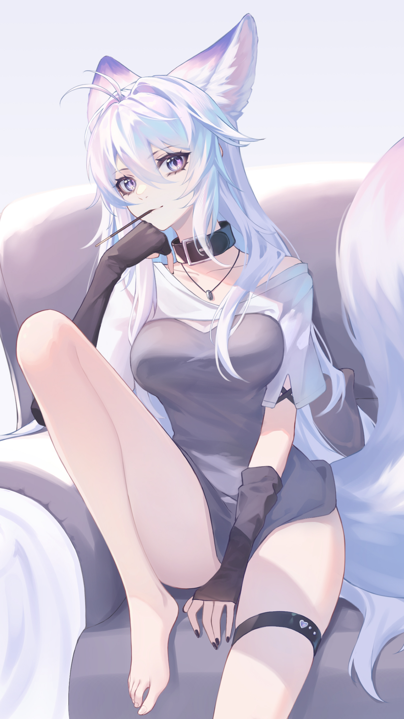 meng xi xuan, original, chinese commentary, commentary request, highres, revision, 1girl, animal ears, barefoot, belt collar, black nails, breasts, closed mouth, collar, collarbone, extra ears, feet, food, food in mouth, fox ears, fox girl, fox tail, grey shirt, hair between eyes, jewelry, long hair, looking at viewer, luo shun yao, medium breasts, nail polish, necklace, pocky, pocky in mouth, purple eyes, shirt, short sleeves, shrug (clothing), sidelocks, smile, solo, tail, thigh strap, thighs, toenails, toes, very long hair, white hair, white shrug