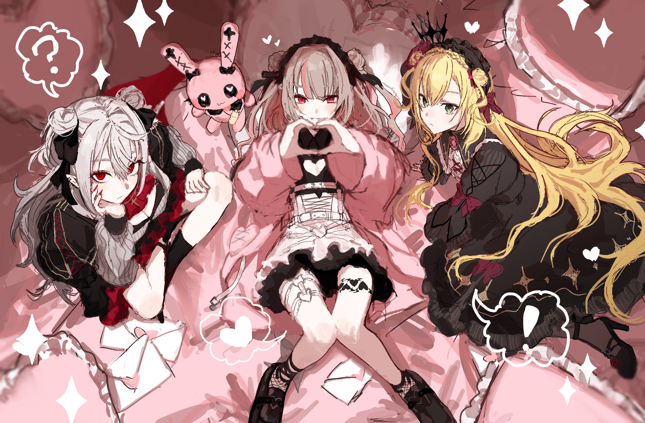 nagikiho, makaino ririmu, makaino ririmu (5th costume), sanya (kuzuha), uzuki kou, uzuki kou (4th costume), nijisanji, highres, 1boy, 2girls, ?, apron, black dress, black hairband, black shoes, blonde hair, brown hair, chest harness, crossdressing, crossdressing (mtf), crown, double bun, dress, fishnet socks, fishnets, green eyes, hair bun, hair intakes, hairband, harness, heart, heart hands, jacket, long hair, looking at viewer, loser kings, maid headdress, multicolored hair, multiple girls, official alternate costume, pink jacket, red eyes, shoes, socks, sparkle, spoken question mark, streaked hair, tattoo, thigh strap, trap, two-tone hair, virtual youtuber, waist apron, white hair, winged heart, winged heart tattoo