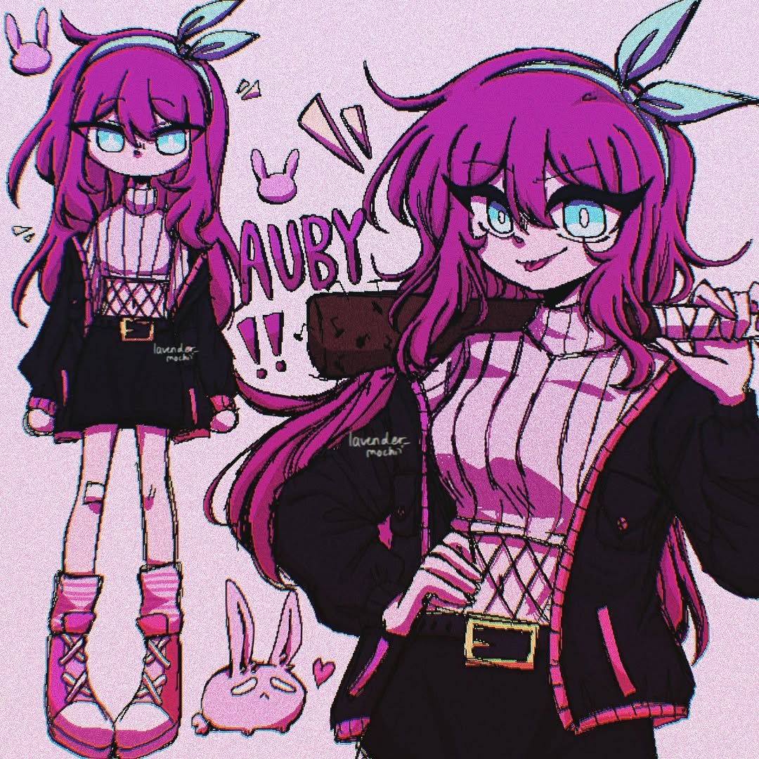 mochiilavender, aubrey (faraway) (omori), aubrey (omori), omori, commentary, english commentary, 1girl, alternate costume, animal, ankle boots, baseball bat, belt, black belt, black jacket, black skirt, blue eyes, blue hairband, boots, bow hairband, breasts, bright pupils, bun-bun (omori), character name, chromatic aberration, closed mouth, cowboy shot, crop top, cropped sweater, double-parted bangs, film grain, fishnet top, fishnets, full body, grey background, hair between eyes, hairband, hand on own hip, hand up, holding, holding baseball bat, instagram logo, jacket, jacket partially removed, lace-up boots, long hair, looking at viewer, medium breasts, miniskirt, multiple views, nail (hardware), nail bat, navel, notice lines, open clothes, open jacket, pigeon-toed, pink boots, pink hair, pink socks, rabbit, ribbed sweater, sidelocks, simple background, skirt, smile, socks, standing, star (symbol), striped clothes, striped socks, sweater, tongue, tongue out, turtleneck, turtleneck sweater, v-shaped eyebrows, very long hair, white pupils, white rabbit (animal), white sweater