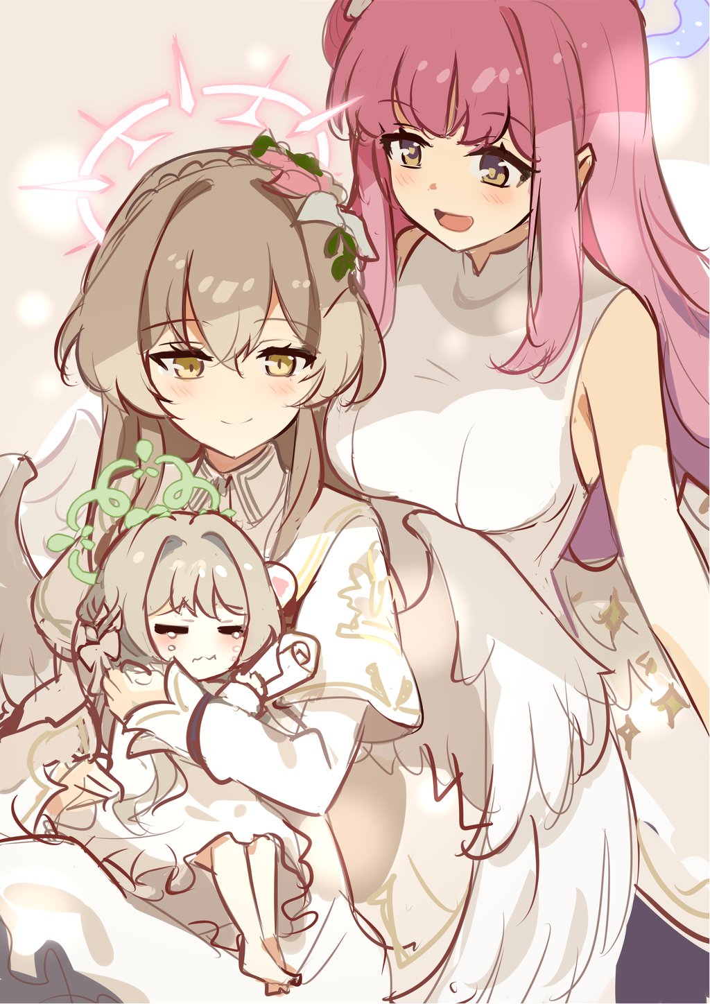 ideolo, mika (blue archive), miyo (blue archive), nagisa (blue archive), blue archive, highres, translation request, 3girls, :d, angel wings, baby, blonde hair, blush, braid, breasts, carrying, carrying baby, carrying person, crown braid, crying, dress, family, feathered wings, frilled dress, frills, hair intakes, halo, happy, holding, holding scroll, if they mated, long hair, long sleeves, medium breasts, mother and daughter, multiple girls, open mouth, pink hair, scroll, sleeveless, sleeveless dress, smile, white dress, white wings, wife and wife, wings, yellow eyes, yuri