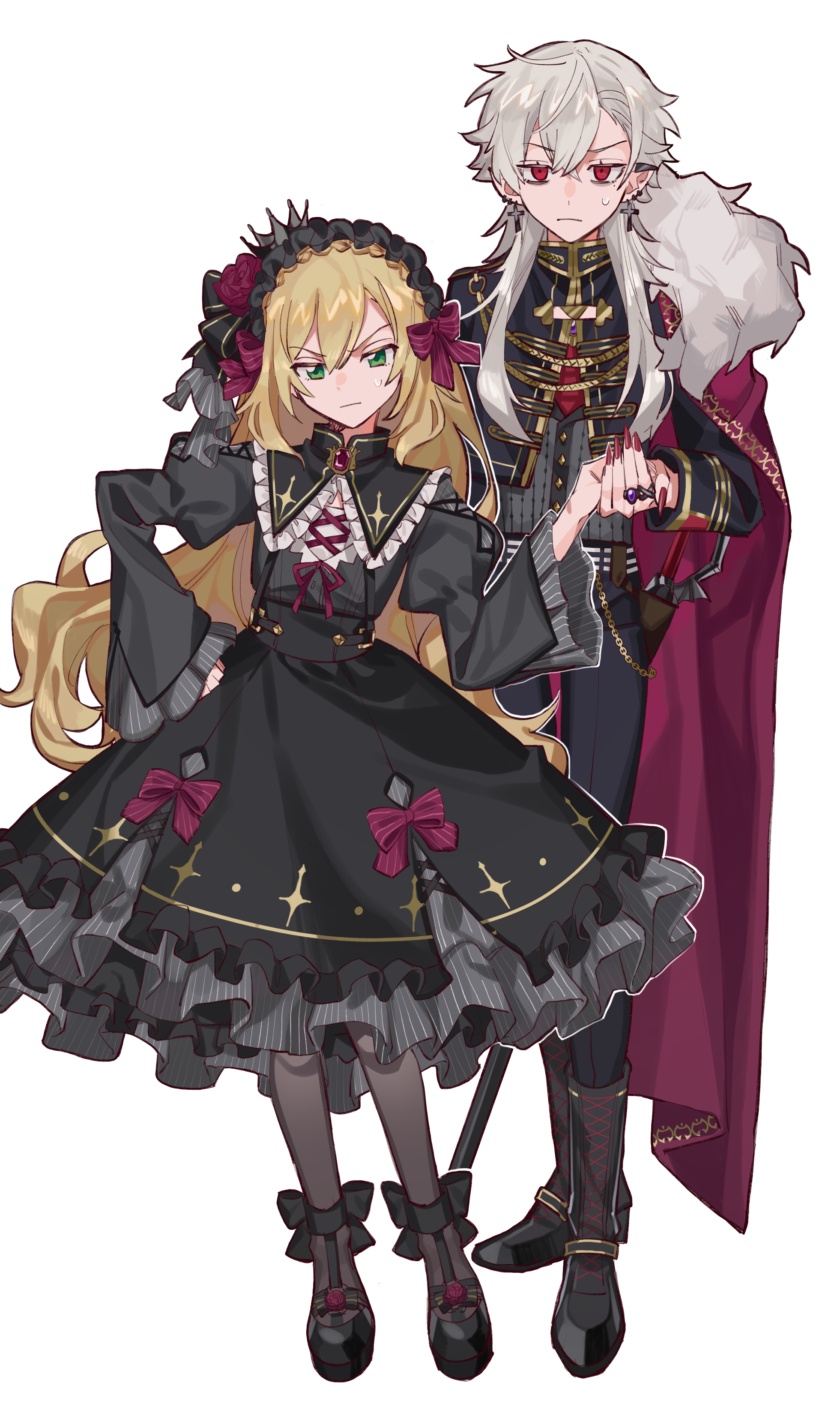 mimisu, kuzuha (2nd costume) (nijisanji), kuzuha (nijisanji), uzuki kou, uzuki kou (4th costume), nijisanji, absurdres, highres, 2boys, aiguillette, black boots, black dress, black hairband, black jacket, black pants, black pantyhose, black shoes, blonde hair, boots, cape, cropped jacket, cross, cross earrings, crossdressing, crossdressing (mtf), crown, dress, earrings, fingernails, gothic lolita, green eyes, grey hair, hairband, high heels, jacket, jewelry, juliet sleeves, knee boots, lolita fashion, long fingernails, long hair, long sleeves, male focus, multiple boys, nail polish, official alternate costume, pants, pantyhose, pointy ears, puffy sleeves, red cape, red eyes, red nails, shoes, sweatdrop, trap, virtual youtuber, wide sleeves