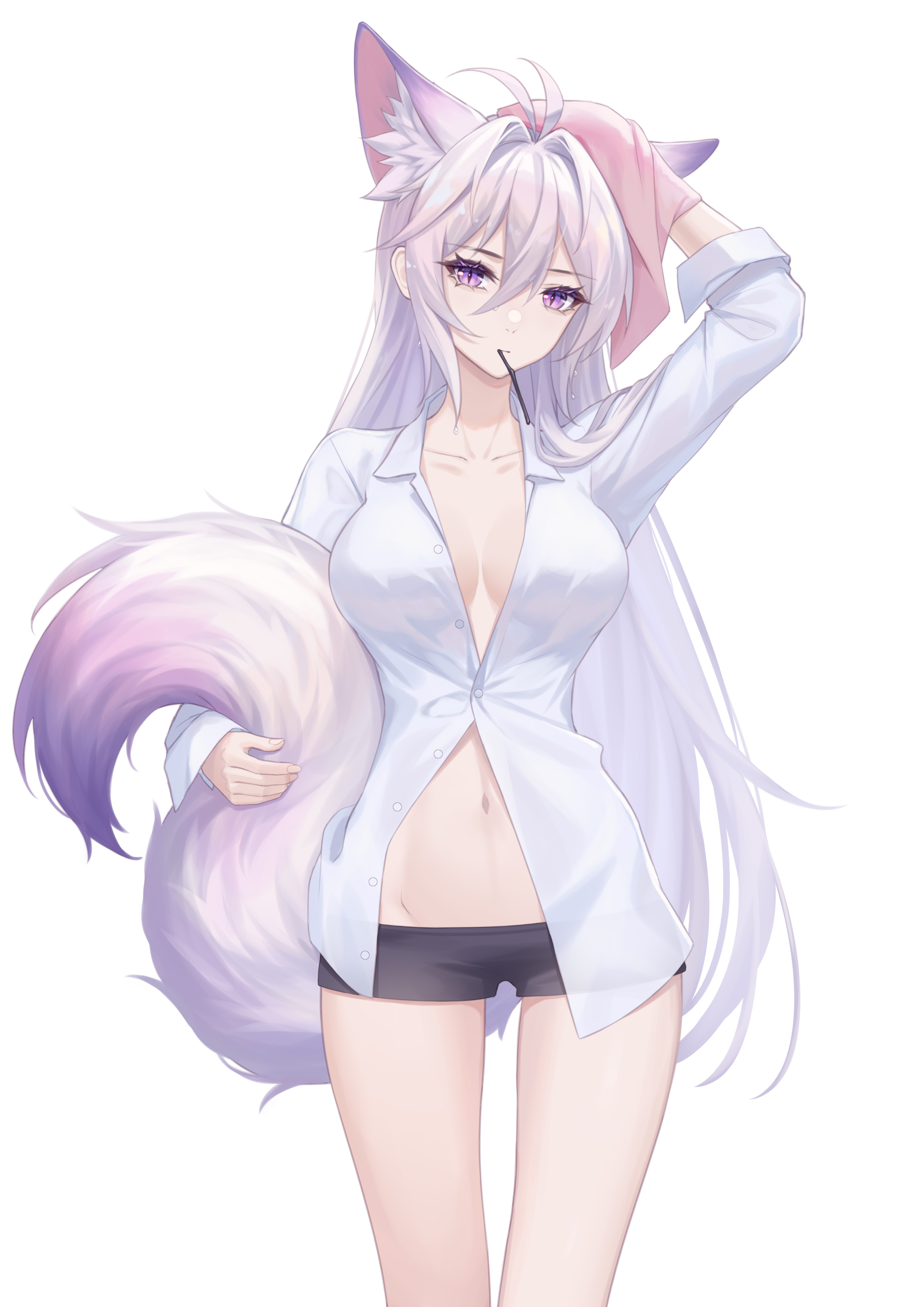 colalk, meng xi xuan, original, absurdres, commentary request, highres, revision, 1girl, animal ear fluff, animal ears, black shorts, breasts, cleavage, collared shirt, extra ears, fox ears, fox girl, fox tail, groin, hair between eyes, hair intakes, hand on own head, holding own tail, long hair, long sleeves, looking at viewer, luo shun yao, medium breasts, mouth hold, navel, partially unbuttoned, purple eyes, shirt, short shorts, shorts, sidelocks, simple background, slit pupils, solo, stomach, tail, towel, towel on head, very long hair, white background, white hair, white shirt