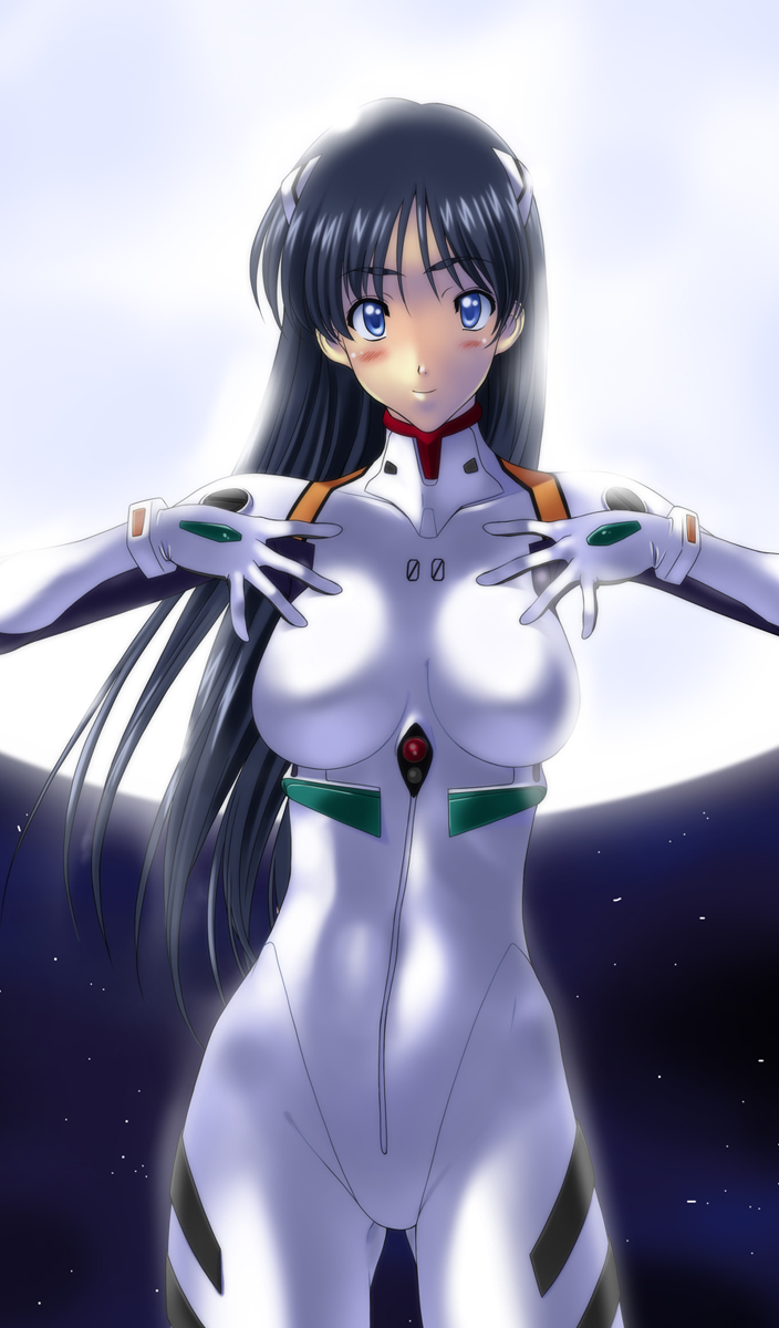 kamia (not found), ayanami rei, yukino sayuri, neon genesis evangelion, original, bad id, bad pixiv id, highres, 1girl, ayanami rei (cosplay), black hair, blue eyes, bodysuit, breasts, cosplay, female focus, full moon, long hair, mecha pilot suit, moon, outdoors, plugsuit (cosplay), plugsuit (evangelion), sky, solo