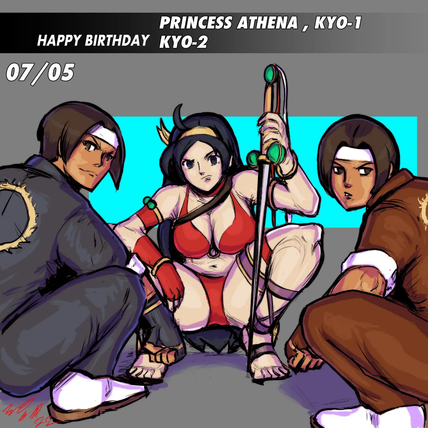 taurence bell, asamiya athena, kusanagi kyou, princess athena, snk heroines: tag team frenzy, svc chaos, the king of fighters, long image, 1girl, bikini, breasts, curvy, feet, female focus, gloves, hairband, huge breasts, large breasts, looking at viewer, pale skin, red bikini, squatting, swimsuit, thick thighs, thighs, wide hips