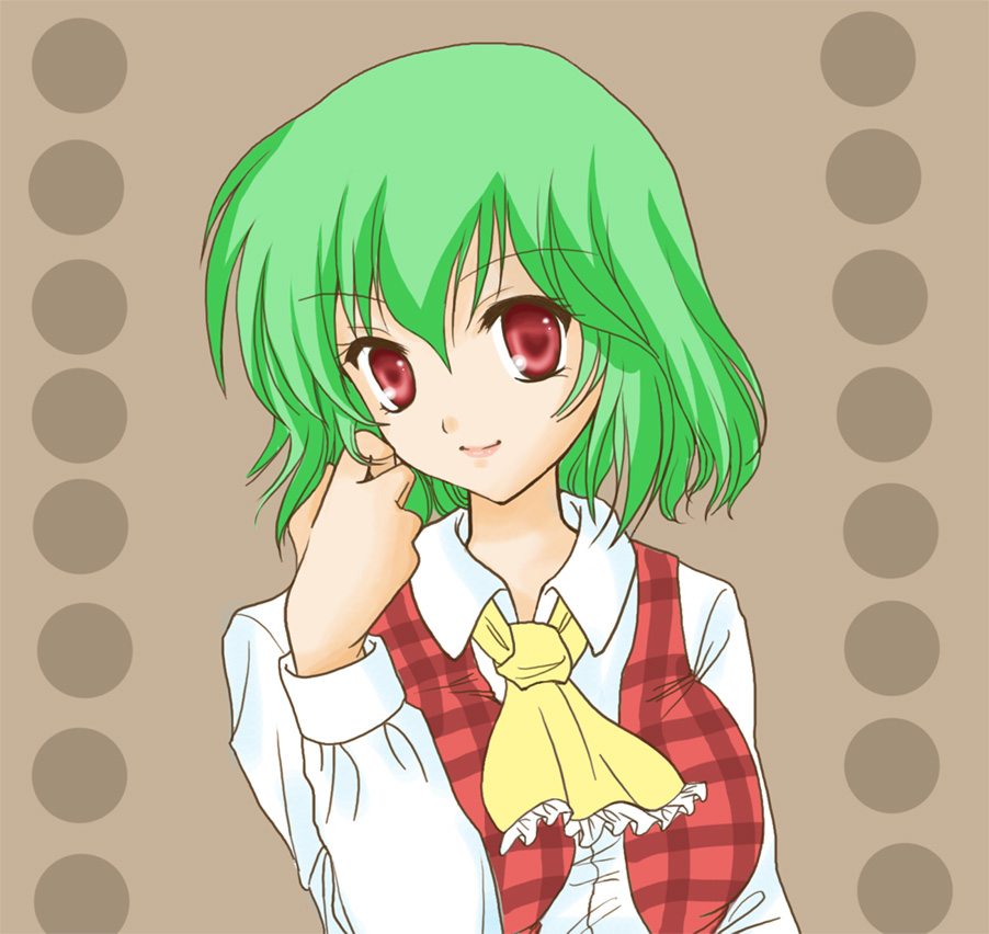 nakiusako, kazami yuuka, touhou, 1girl, adjusting hair, ascot, female focus, green hair, lips, plaid clothes, plaid vest, red eyes, short hair, smile, solo, upper body, vest