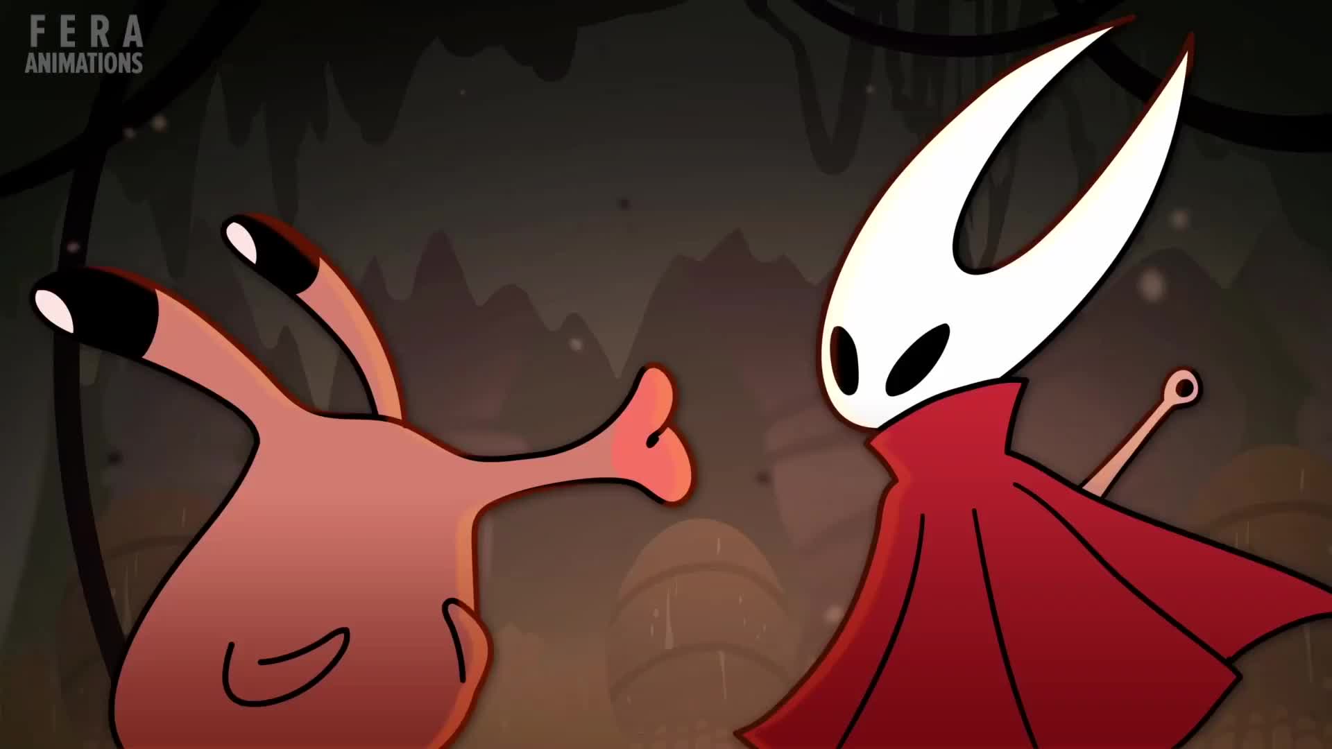 hornet (hollow knight), hollow knight, hollow knight: silksong, animated, audible speech, sound, tagme, video, anger vein, arm up, artist name, bags under eyes, black eyes, black skin, blank eyes, clenched hand, cloak, colored skin, eye contact, fera animations, forehead-to-forehead, heads together, lips, looking at another, mom and dad (movie), muscular, muscular female, needle (hollow knight), nuu (hollow knight), red cloak, rejected kiss, slapping, watermark, weapon, weapon on back