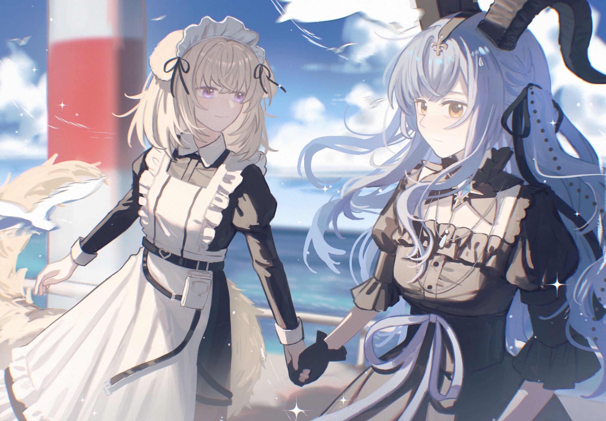 misumi uika, misumi uika (caged singer), togawa sakiko, togawa sakiko (master of melodia), arknights, bang dream!, bang dream! it's mygo!!!!!, chinese commentary, commentary request, highres, 2girls, animal ears, apron, bird, black dress, black gloves, black horns, black ribbon, blonde hair, blue hair, blue sky, closed mouth, cloud, collared dress, curled horns, day, detached collar, dog ears, dog girl, dog tail, dress, frilled apron, frills, gloves, hair ribbon, holding hands, horns, kemonomimi mode, lighthouse, long hair, long sleeves, looking at another, maid, maid apron, maid headdress, medium hair, multiple girls, outdoors, purple eyes, ribbon, seagull, sidelocks, sky, smile, syoko (xhs 9551355984), tail, two side up, white apron, yellow eyes