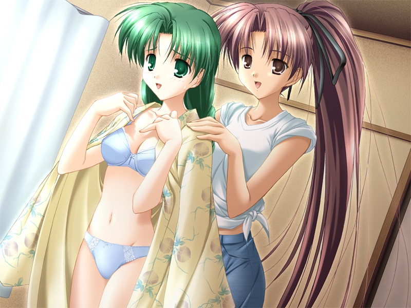 sakaki maki, saeki youko, shiraishi kyouko, to…, game cg, 2girls, bra, braid, breasts, brown eyes, brown hair, cleavage, dark-skinned female, dark skin, dressing, dutch angle, green eyes, green hair, japanese clothes, kimono, lingerie, long hair, multiple girls, navel, panties, ponytail, shirt, tied shirt, underwear, undressing