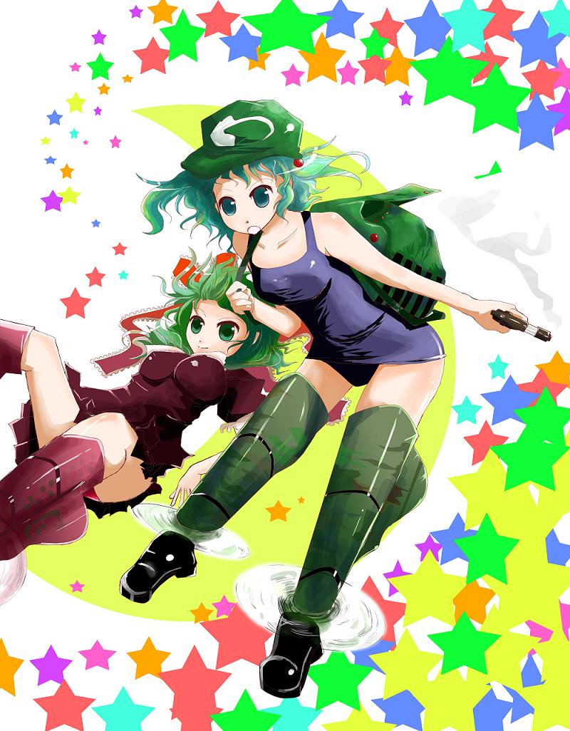 arano oki, saba miso, kagiyama hina, kawashiro nitori, strike witches, touhou, world witches series, 2girls, female focus, multiple girls, one-piece swimsuit, parody, two side up