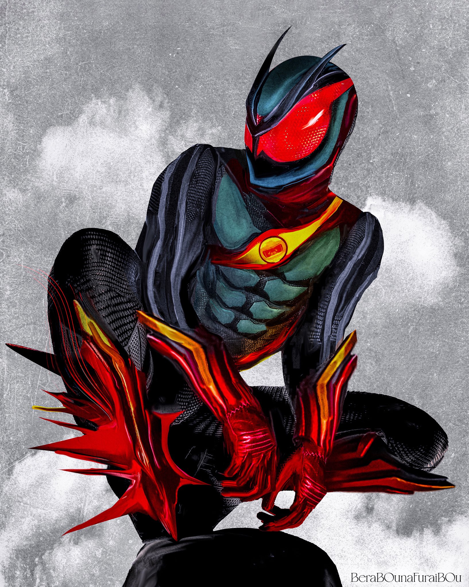 obakelope0530, kamen rider zeztz, kamen rider, kamen rider zeztz (series), highres, 1boy, armor, artist name, black bodysuit, bodysuit, compound eyes, full body, gauntlets, green armor, male focus, red eyes, solo, squatting, tokusatsu