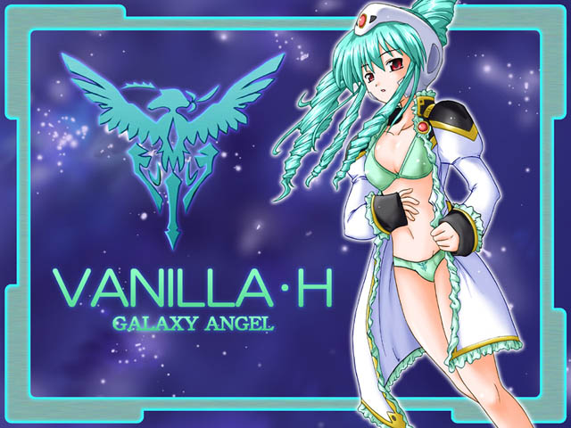 vanilla h, galaxy angel, non-web source, 00s, 1girl, bra, character name, copyright name, dress, drill hair, female focus, green hair, lingerie, long hair, military, military uniform, open clothes, open dress, panties, red eyes, solo, underwear