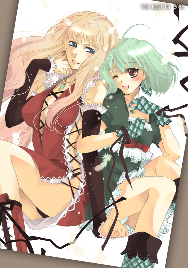 kikuta yui, yui kikuta, ranka lee, sheryl nome, macross, macross frontier, bad id, bad pixiv id, 00s, blonde hair, green hair, long hair, ribbon, short hair, wink