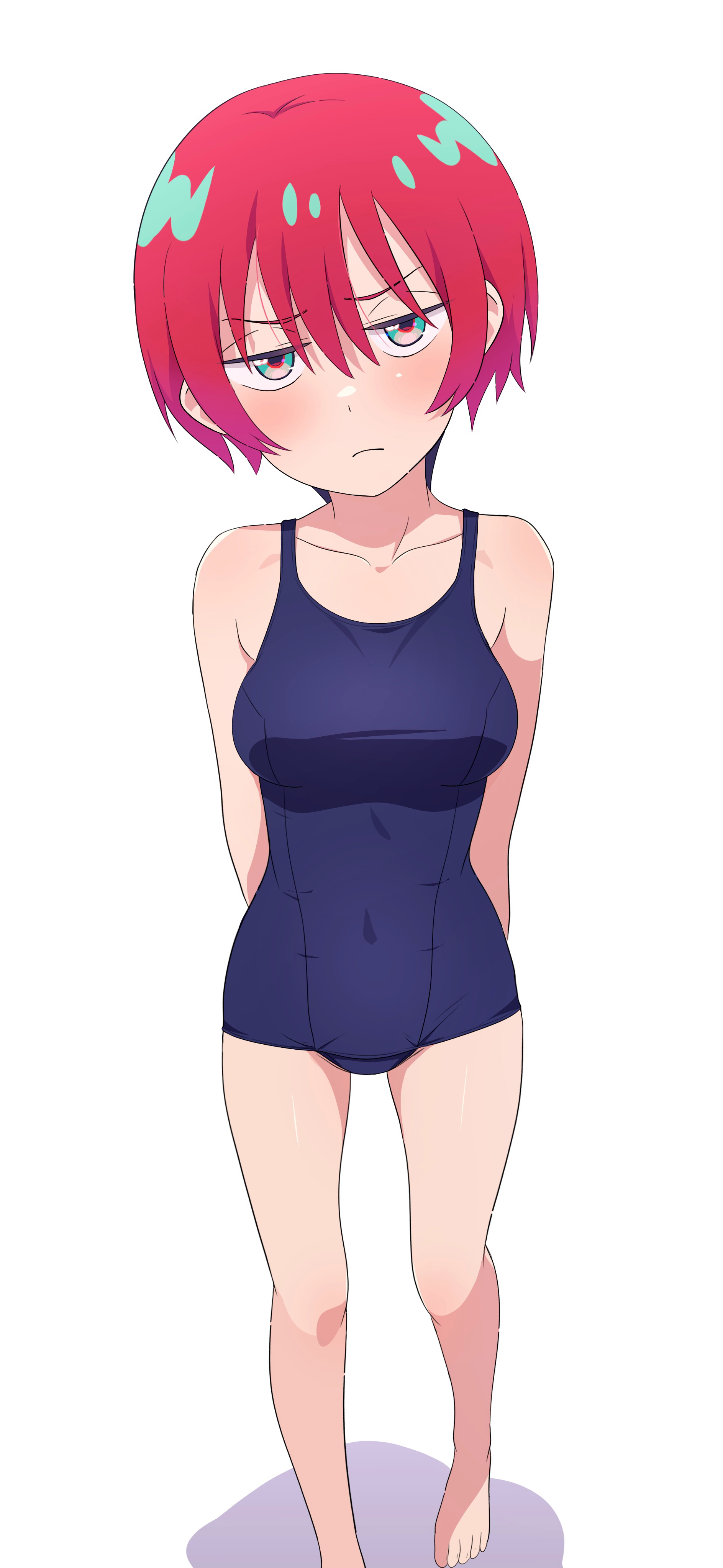 na-suke, amate yuzuriha, gundam, gundam gquuuuuux, absurdres, commentary request, highres, 1girl, anime coloring, aqua eyes, barefoot, black one-piece swimsuit, closed mouth, collarbone, full body, legs, looking at viewer, one-piece swimsuit, red hair, school swimsuit, short hair, simple background, solo, standing, swimsuit, thighs, white background