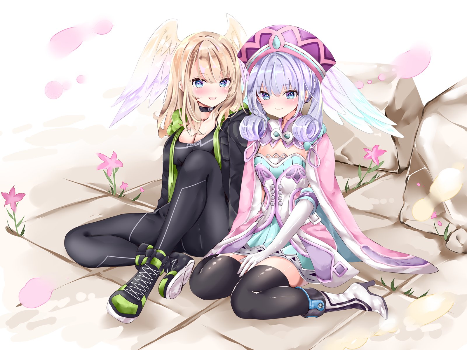 nanase nao, eunie (xenoblade), xenoblade chronicles (series), xenoblade chronicles 3, character request, copyright request, highres, 2girls, black collar, black pantyhose, black shirt, blue eyes, blue skirt, blush, breasts, brown hair, cleavage, collar, curly hair, hat, head wings, large breasts, medium hair, multiple girls, pantyhose, purple hair, purple hat, shirt, sitting, skirt, small breasts, wings