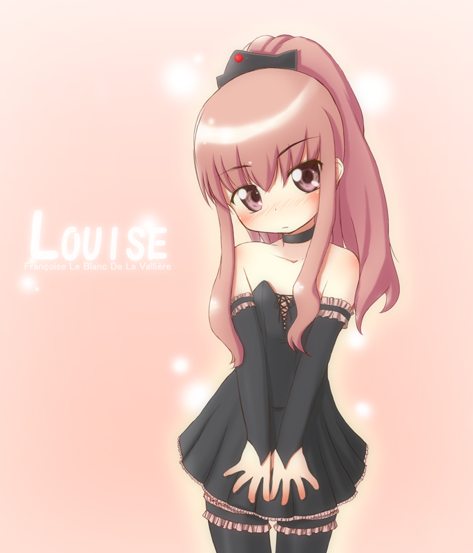 ikuno yui, louise francoise le blanc de la valliere, zero no tsukaima, 00s, detached sleeves, dress, flat chest, frills, pink eyes, pink hair, solo, thighhighs