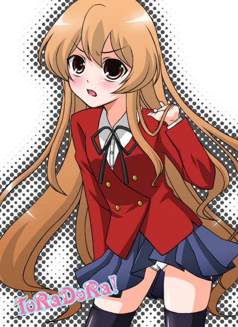 monyopii, shido (pixiv23671), aisaka taiga, toradora!, bad id, bad pixiv id, 00s, 1girl, blush, brown eyes, brown hair, female focus, long hair, panties, pantyshot, school uniform, serafuku, solo, thighhighs, underwear, very long hair, zettai ryouiki