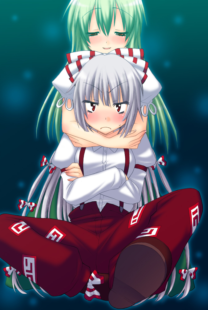 saki chisuzu, ex-keine, fujiwara no mokou, kamishirasawa keine, touhou, silver hair, 2girls, female focus, gradient background, green hair, hug, long hair, multiple girls, ribbon, sitting, standing