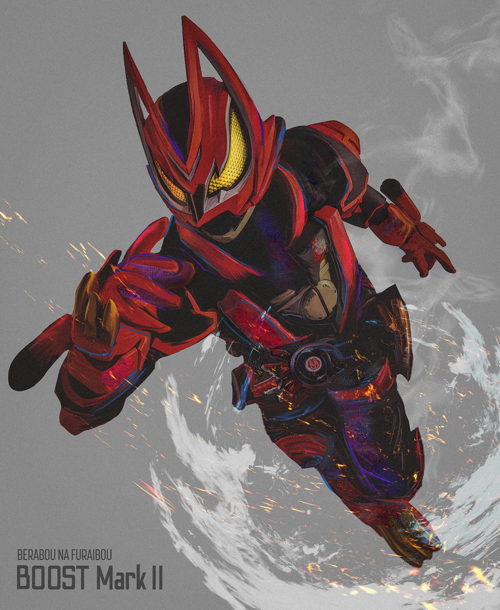 obakelope0530, kamen rider geats boost mark ii, kamen rider, kamen rider geats (series), highres, 1boy, black bodysuit, bodysuit, boost mark ii buckle, desire driver, full body, grey background, helmet, male focus, red helmet, simple background, solo, tokusatsu, yellow eyes
