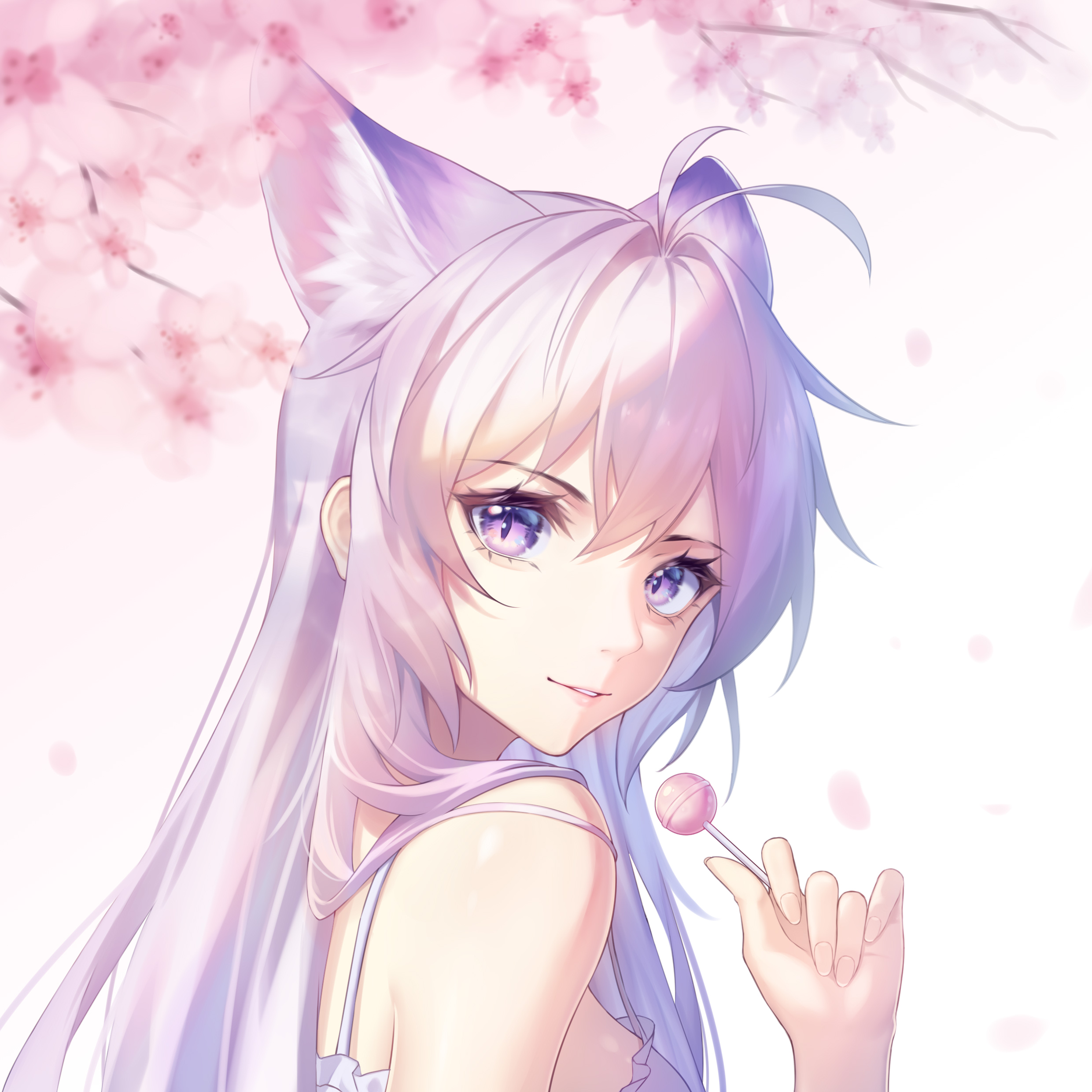 meng xi xuan, original, absurdres, commentary request, highres, revision, 1girl, animal ear fluff, animal ears, antenna hair, bare shoulders, candy, cherry blossoms, food, fox ears, gradient background, hair between eyes, hair intakes, hand up, holding, holding food, lollipop, long hair, looking at viewer, luo shun yao, parted lips, pink background, purple eyes, smile, solo, spaghetti strap, upper body, white background, white hair