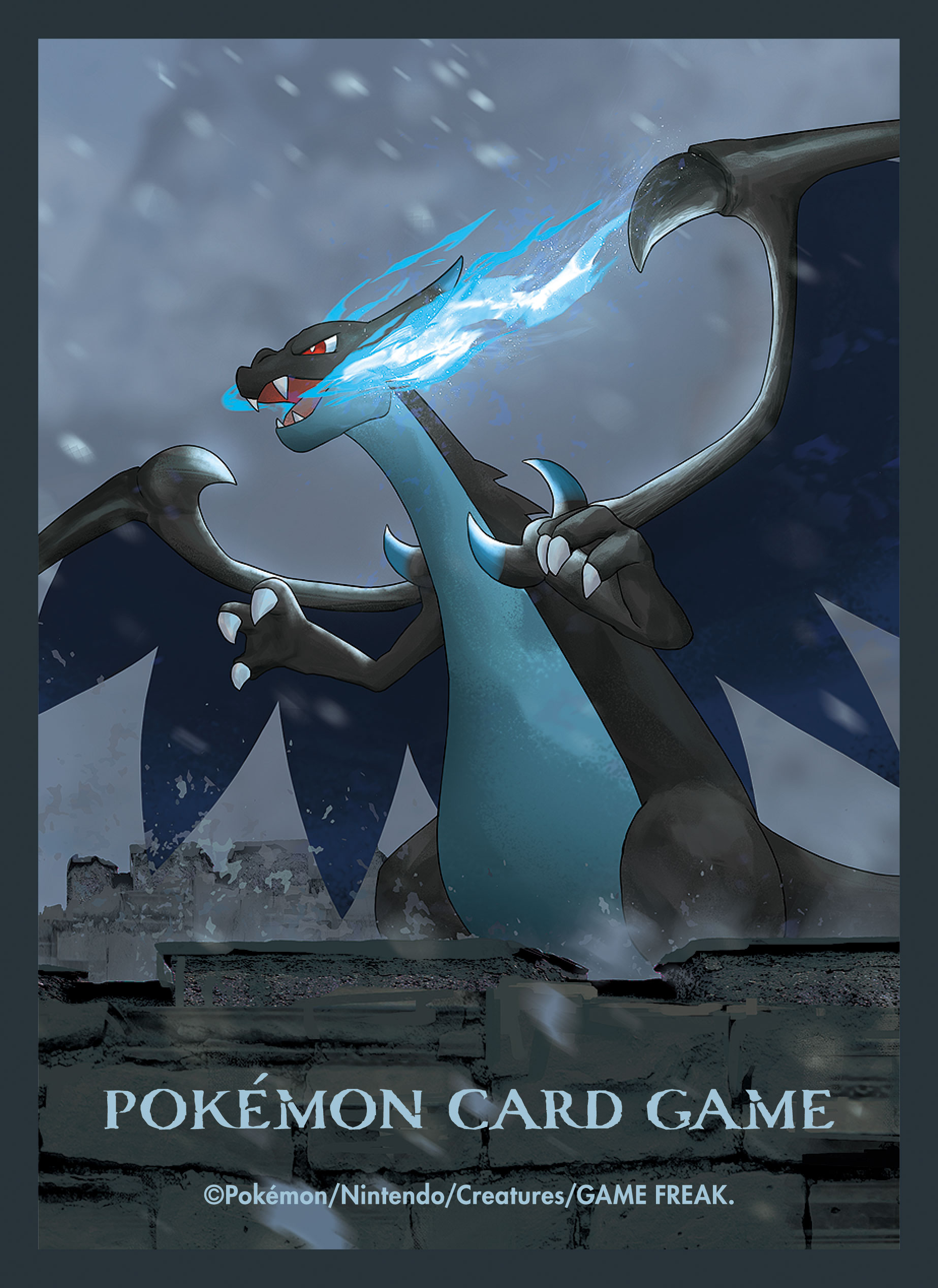 otsumami (bu-bu-heaven), charizard, mega charizard x, nintendo, pokemon, pokemon tcg, absurdres, highres, official art, blue fire, border, dragon, fangs, fire, full body, gen 1 pokemon, grey border, mega pokemon, no humans, pokemon (creature), pokemon card, red eyes, snow, solo
