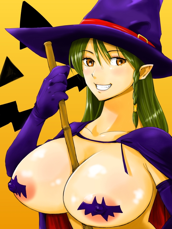 mutaken (bremen), mutaken (pixiv), original, 1girl, areola slip, between breasts, braid, breasts, broom, brown eyes, covered erect nipples, elbow gloves, female focus, gloves, green hair, grin, halloween, hat, huge breasts, long hair, nipples, pasties, pointy ears, smile, solo, witch, witch hat
