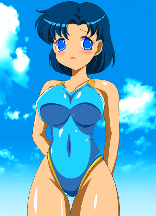 pirochi, mizuno ami, bishoujo senshi sailor moon, 1990s (style), 1girl, blue eyes, blue hair, blue one-piece swimsuit, blue theme, blush, cloud, competition swimsuit, day, earrings, female focus, jewelry, matching hair/eyes, one-piece swimsuit, retro artstyle, short hair, sky, solo, swimsuit, thigh gap, thighs