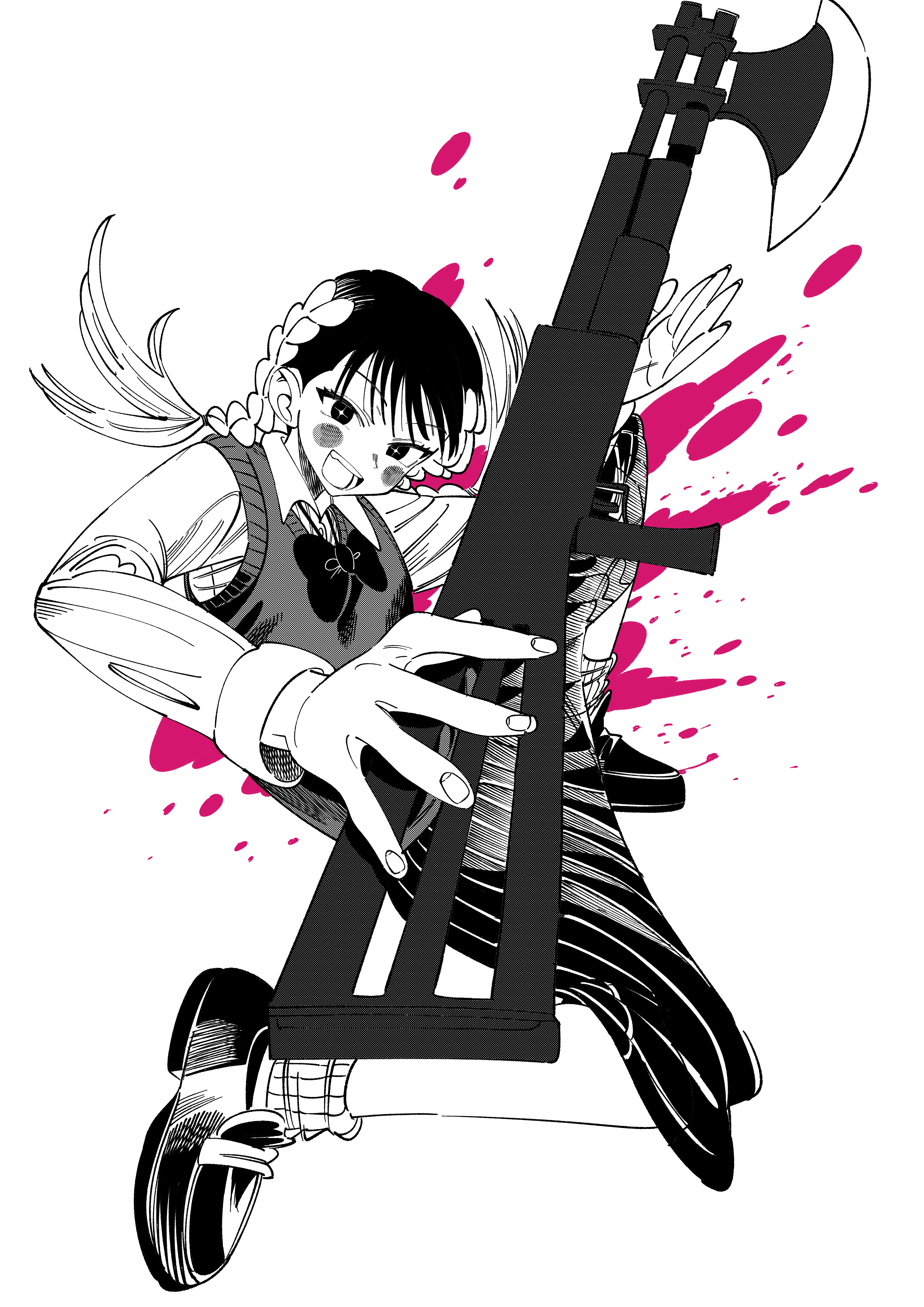 kimdiki, toramaru nao, sakamoto days, absurdres, highres, 1girl, axe, black hair, black skirt, blush stickers, bow, braid, collared shirt, greyscale, gun, holding, holding weapon, looking at viewer, monochrome, multicolored hair, open mouth, school uniform, shirt, shotgun, skirt, solo, splatter, sweater vest, twin braids, two-tone hair, weapon, white background, white shirt