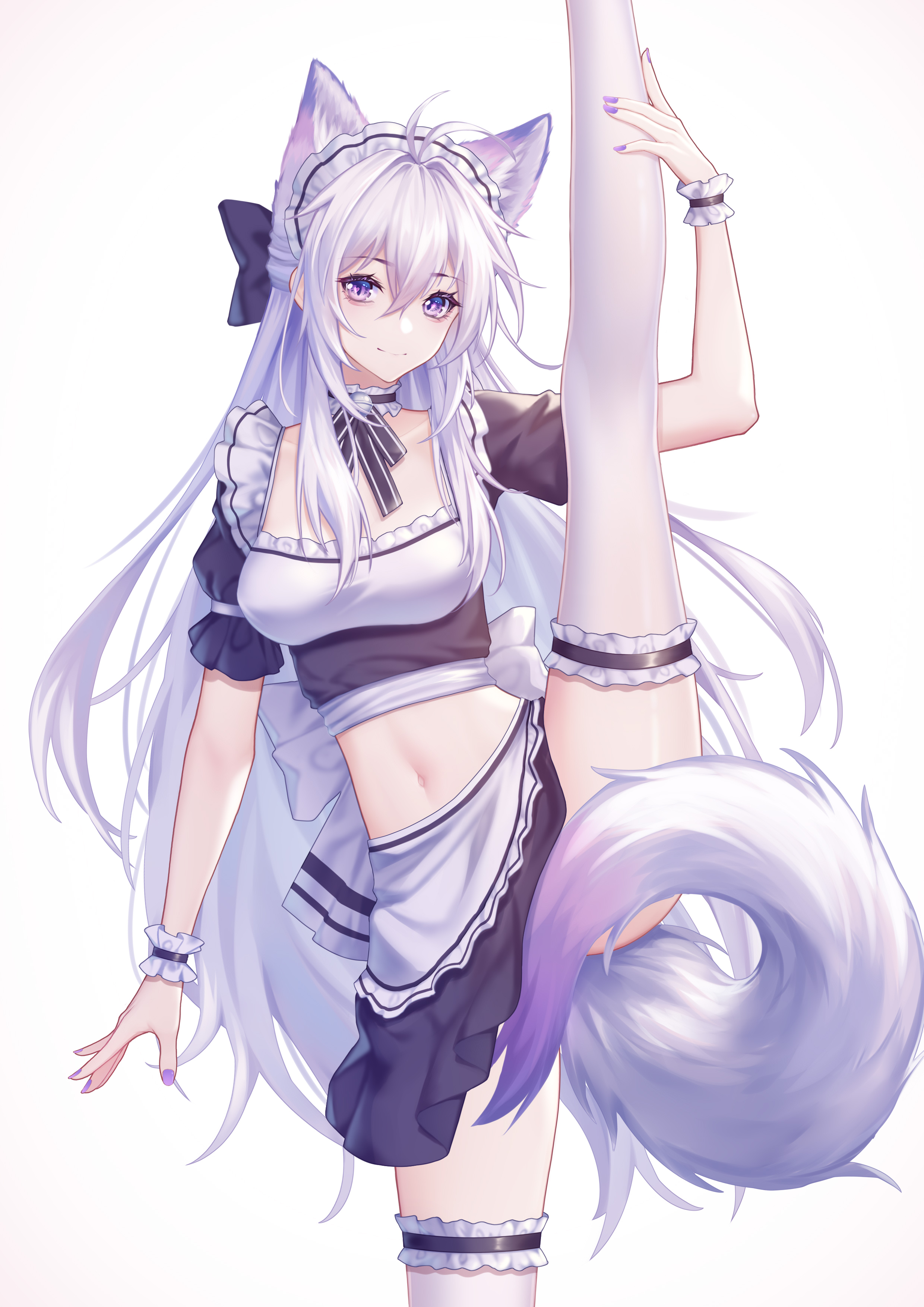 meng xi xuan, original, absurdres, commentary request, highres, revision, 1girl, animal ears, antenna hair, apron, arm up, black bow, black nails, black skirt, bow, breasts, choker, cowboy shot, crop top, frilled choker, frilled thigh strap, frills, hair between eyes, hair bow, hair intakes, leg up, long hair, looking at viewer, luo shun yao, maid, maid headdress, medium breasts, midriff, nail polish, navel, puffy short sleeves, puffy sleeves, purple eyes, short sleeves, sidelocks, skirt, smile, solo, split, standing, standing on one leg, standing split, stomach, tail, tail censor, thigh strap, thighhighs, thighs, very long hair, waist apron, white apron, white background, white hair, wolf ears, wolf tail, wrist cuffs