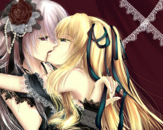 shinku, suigintou, yuki hikari, rozen maiden, 00s, 2girls, blonde hair, blue eyes, kiss, long hair, multiple girls, red eyes, ribbon, white hair, yuri