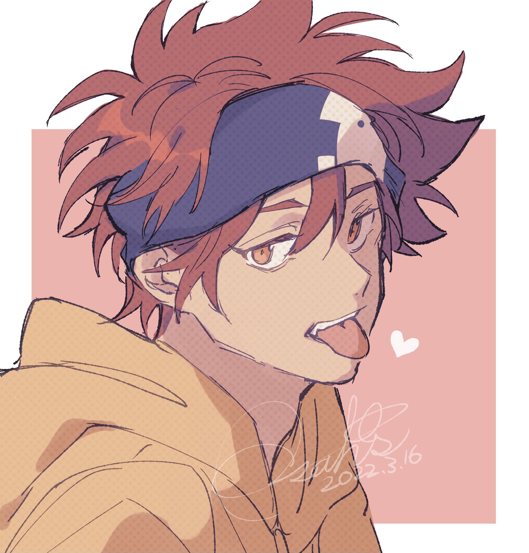kyan reki, sk8 the infinity, commentary, highres, symbol-only commentary, 1boy, ash cst, bandana, blue bandana, border, hair between eyes, headband, heart, hood, hood down, looking at viewer, male focus, open mouth, pink background, portrait, red eyes, red hair, short hair, signature, simple background, solo, tongue, tongue out, upper body, white border