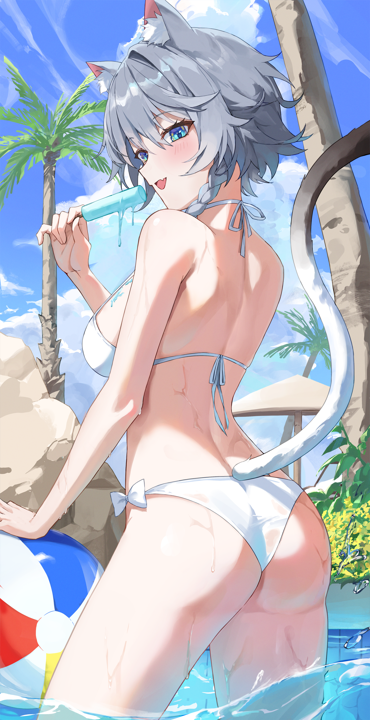 dawon, cipher (honkai: star rail), honkai: star rail, honkai (series), absurdres, commentary, highres, 1girl, :d, animal ear fluff, animal ears, ass, ball, bikini, blue eyes, blush, bow, braid, breasts, cat ears, cat girl, cat tail, cloud, cowboy shot, fang, food, from side, grey hair, halterneck, large breasts, looking at viewer, multicolored eyes, open mouth, pool, popsicle, side-tie bikini bottom, single braid, sky, smile, string bikini, swimsuit, tail, thighs, tree, water drop, white bikini, white bow