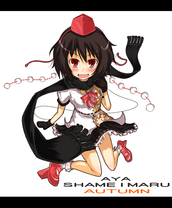 lululu0709, rururu, shameimaru aya, touhou, bad id, bad pixiv id, 1girl, black hair, blouse, blush, english text, female focus, geta, hat, looking at viewer, mittens, open mouth, red eyes, scarf, shirt, simple background, smile, socks, solo, tengu-geta, white background, white shirt