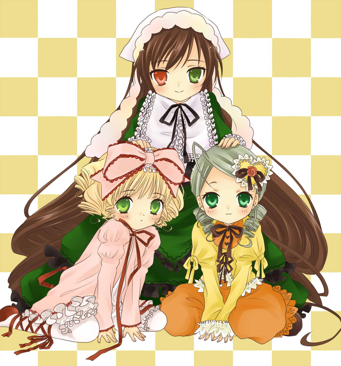 hanabana tsubomi, hinaichigo, kanaria, suiseiseki, rozen maiden, bad id, bad pixiv id, highres, 00s, 3girls, blonde hair, bow, brown hair, dress, drill hair, frills, green eyes, green hair, headscarf, heterochromia, long hair, multiple girls, pink bow, very long hair, white headscarf