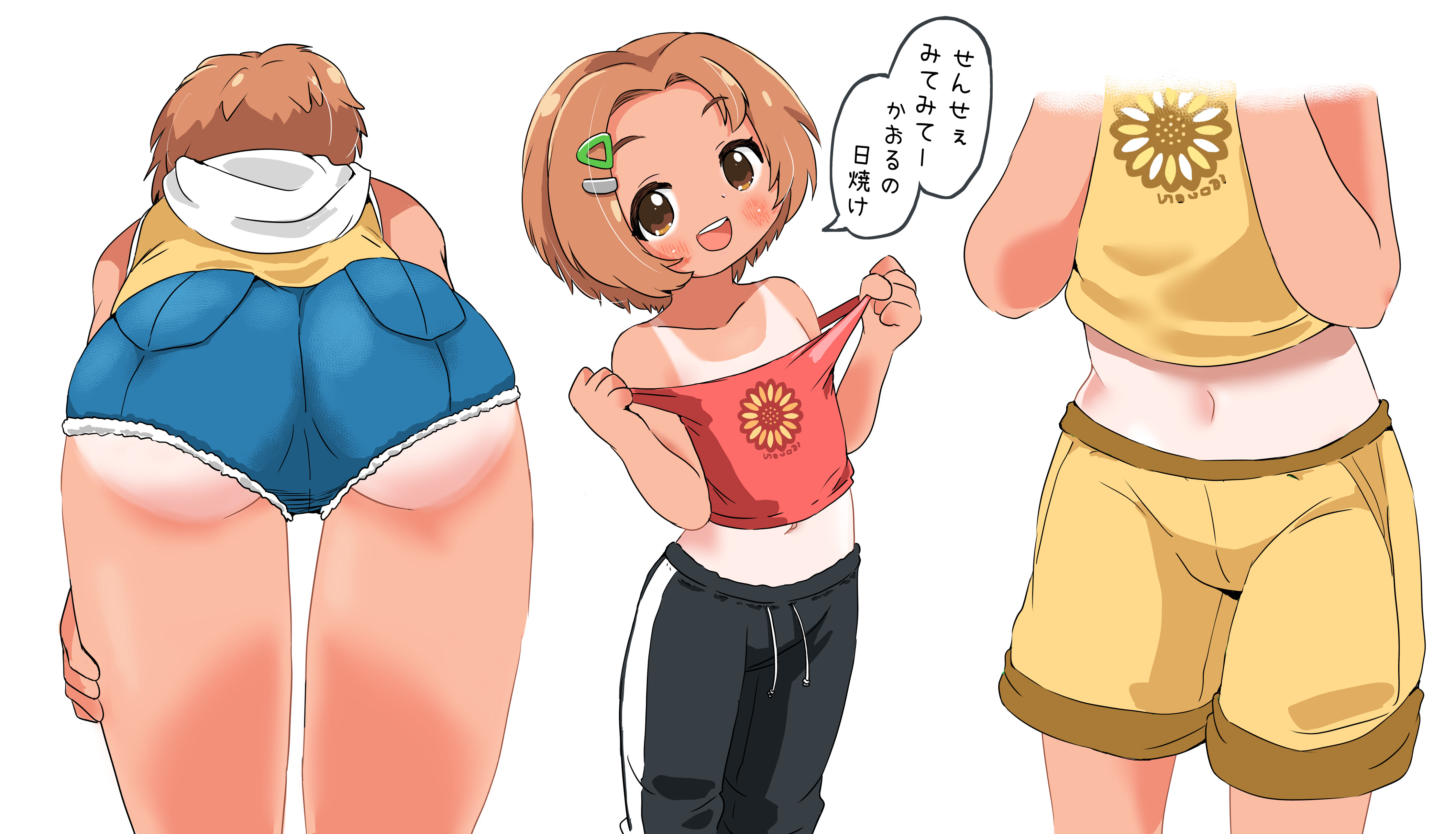 lemon pan, ryuzaki kaoru, idolmaster, idolmaster cinderella girls, absurdres, commentary request, highres, paid reward available, translation request, 1girl, ass, black pants, blue shorts, brown eyes, brown hair, drawstring, flat chest, hair ornament, hairclip, hood, hood down, multiple views, navel, open mouth, pants, red shirt, shirt, short shorts, shorts, simple background, sleeveless, sleeveless shirt, speech bubble, tan, tanline, teeth, triangle hair ornament, upper teeth only, white background, yellow shirt, yellow shorts