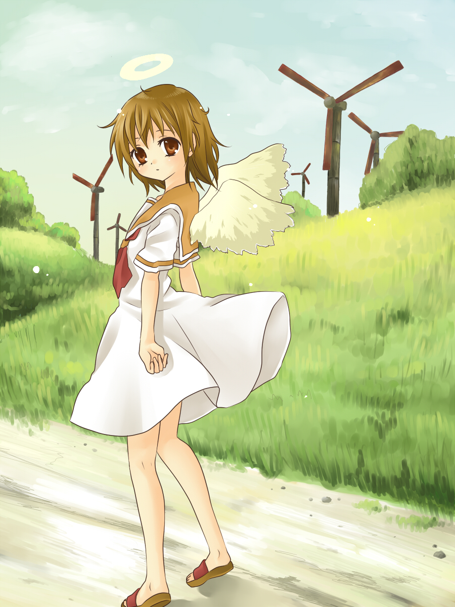 hanabana tsubomi, rakka (haibane renmei), haibane renmei, highres, 00s, angel wings, brown eyes, brown hair, grass, halo, legs, looking back, sandals, school uniform, serafuku, solo, traditional halo, wind, wind lift, wind turbine, windmill, wings