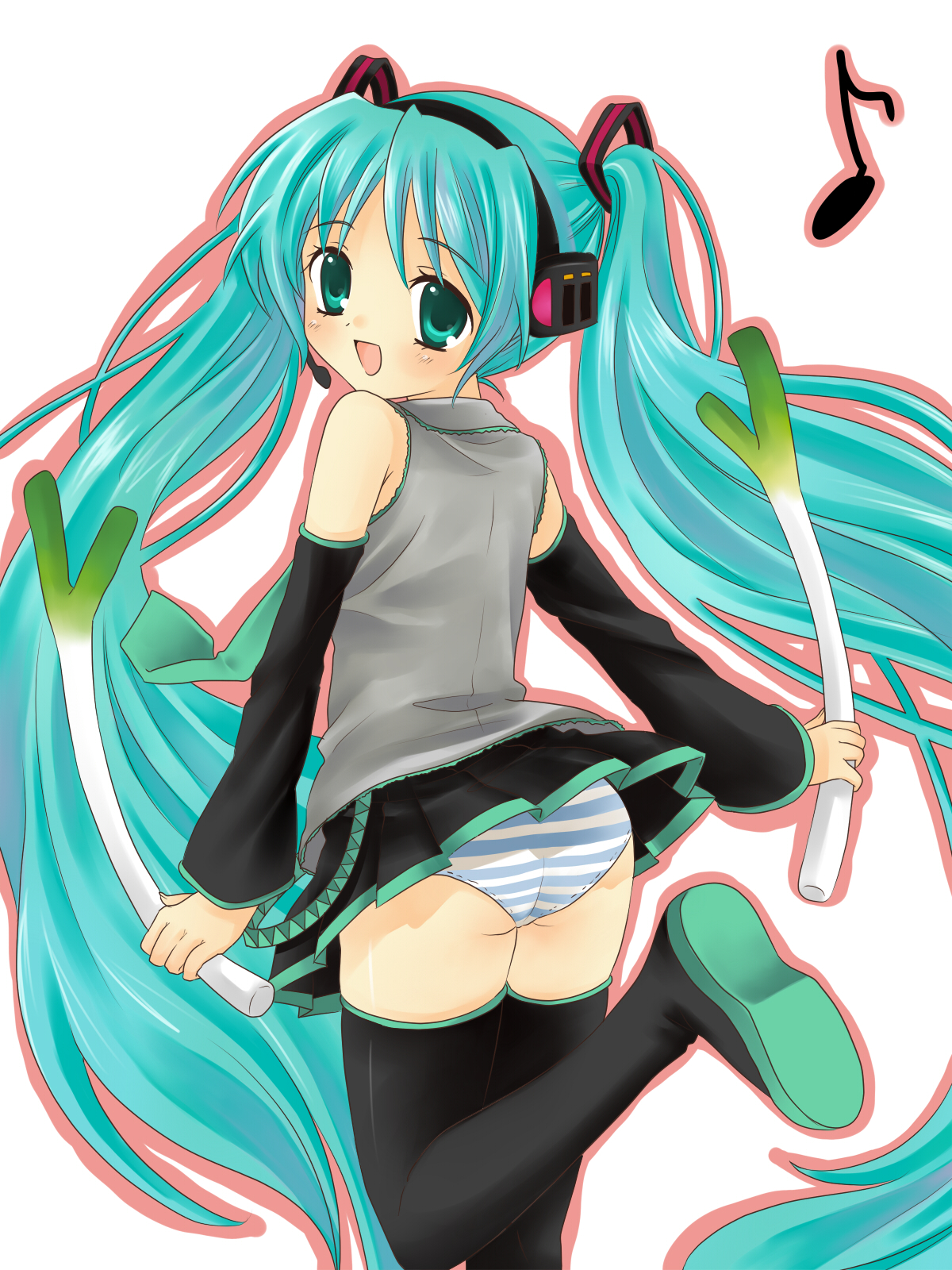 hanabana tsubomi, hatsune miku, vocaloid, bad id, bad pixiv id, highres, aqua eyes, aqua hair, ass, clothes lift, detached sleeves, headphones, long hair, microphone, panties, pantyshot, skirt, skirt lift, solo, spring onion, striped clothes, striped panties, thighhighs, twintails, underwear, very long hair, zettai ryouiki