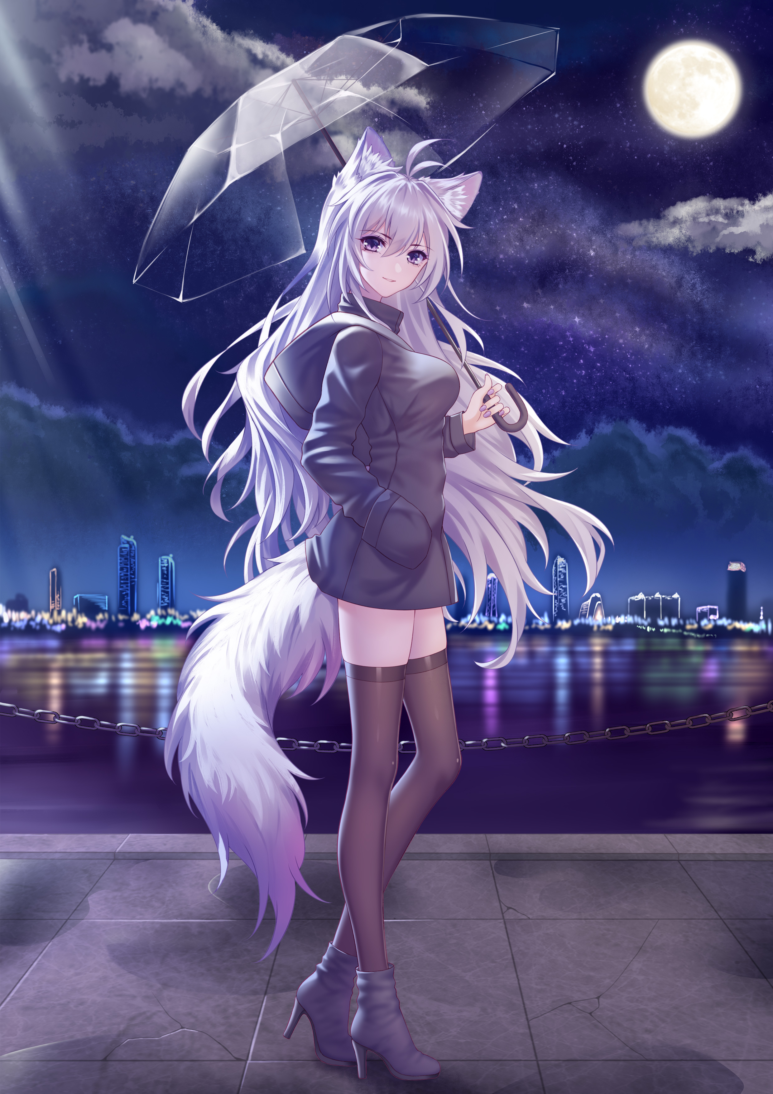 meng xi xuan, original, absurdres, commentary request, highres, revision, 1girl, animal ear fluff, animal ears, antenna hair, black jacket, black thighhighs, breasts, chain, fox ears, fox girl, fox tail, from side, full body, full moon, hair between eyes, hand in pocket, high heels, holding, holding umbrella, hood, hood down, hooded jacket, jacket, long hair, looking at viewer, luo shun yao, medium breasts, moon, night, outdoors, purple eyes, sky, solo, standing, star (sky), starry sky, tail, thighhighs, transparent, transparent umbrella, umbrella, very long hair, white hair, zettai ryouiki