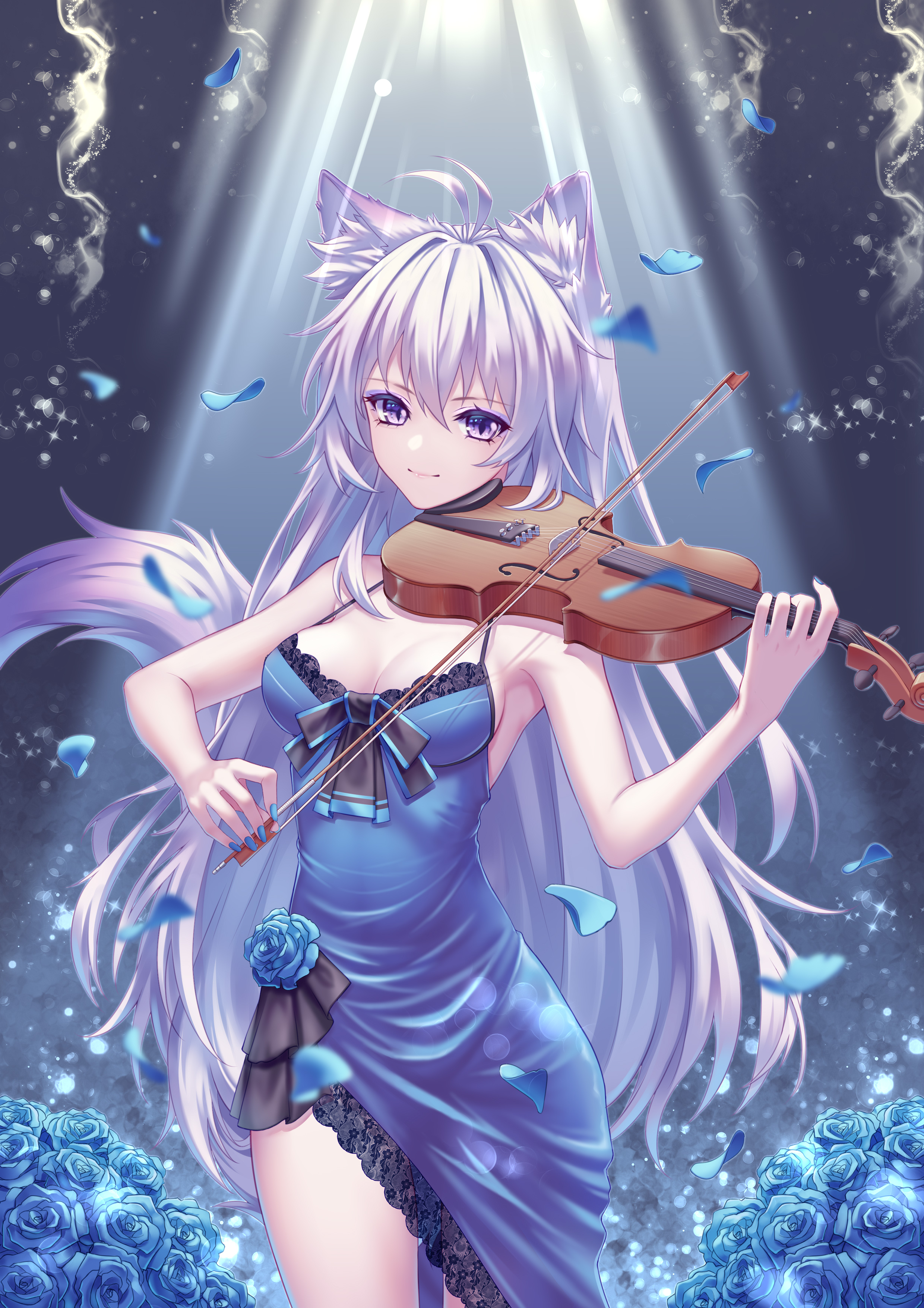 meng xi xuan, original, absurdres, commentary request, highres, revision, 1girl, animal ears, antenna hair, asymmetrical clothes, blue dress, blurry, breasts, cleavage, closed mouth, cowboy shot, dress, fox ears, fox girl, fox tail, hair between eyes, holding, holding instrument, holding violin, instrument, long hair, luo shun yao, medium breasts, music, playing instrument, purple eyes, sideboob, sleeveless, sleeveless dress, smile, solo, standing, tail, thigh gap, very long hair, violin, white hair