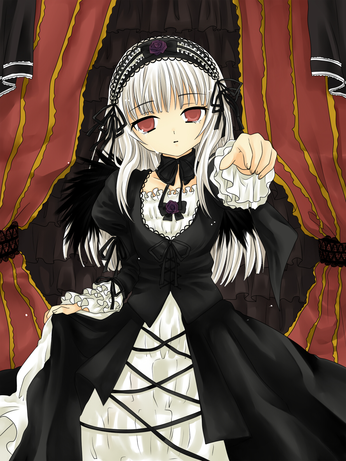 hanabana tsubomi, suigintou, rozen maiden, silver hair, bad id, bad pixiv id, highres, 00s, dress, frills, hairband, long hair, purple eyes, solo, tears, wings