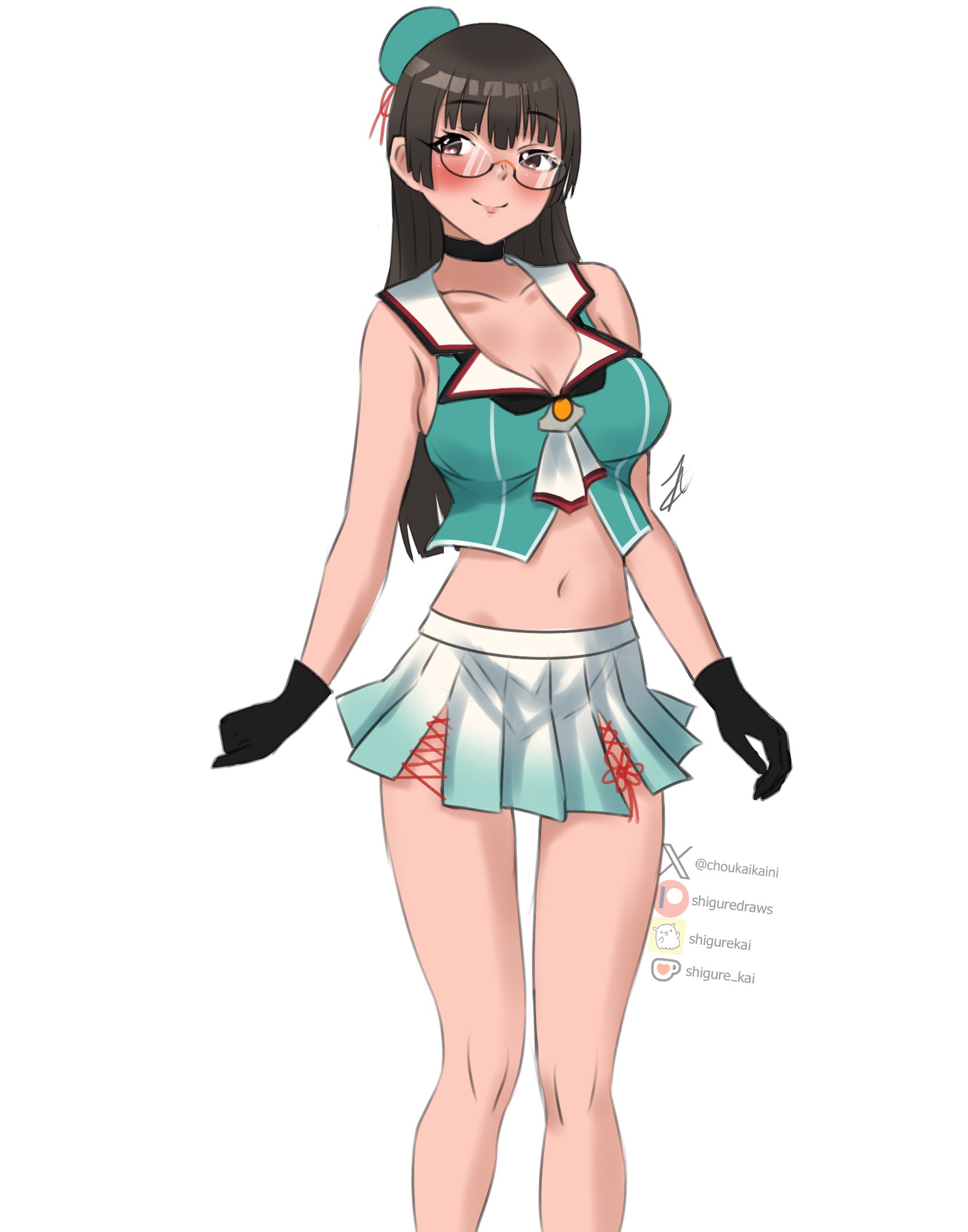 shigure (choukaikaini), choukai (kancolle), choukai kai ni (kancolle), kantai collection, highres, 1girl, aqua hat, black gloves, black hair, blush, breasts, cleavage, cowboy shot, fanbox logo, fanbox username, glasses, gloves, gradient clothes, gradient skirt, hat, ko-fi logo, ko-fi username, large breasts, long hair, looking at viewer, midriff, mini hat, navel, one-hour drawing challenge, patreon logo, patreon username, pleated skirt, red eyes, rimless eyewear, simple background, skirt, smile, solo, twitter username, twitter x logo, white background, white skirt